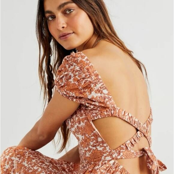 Free People Ultraviolet Maxi Dress Puff Sleeve Smocked Boho Milkmaid Cottage L - Picture 2 of 10